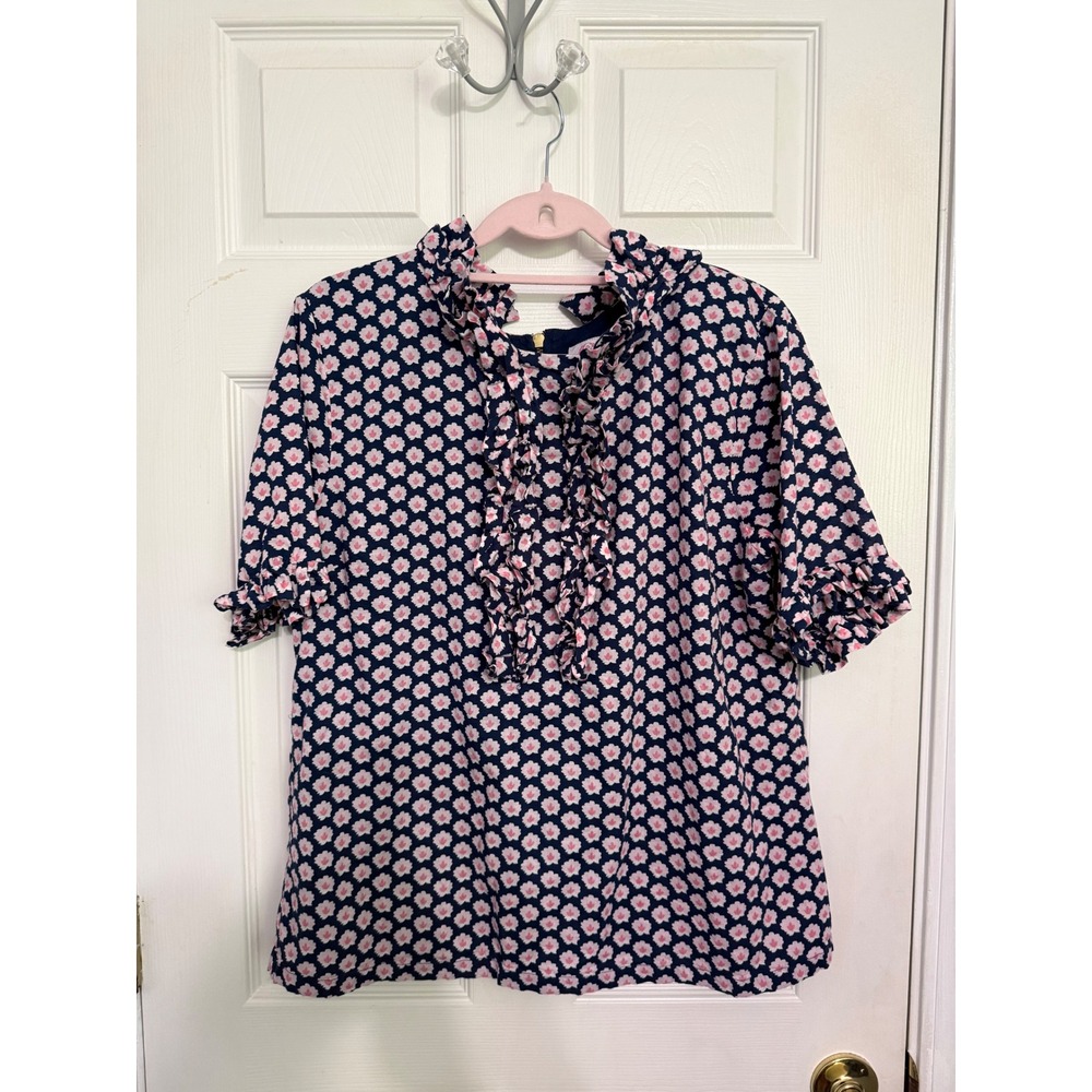 Elizabeth Wilson Navy Pink Floral Ruffle Front Cotton Blouse XXL Tuckernuck